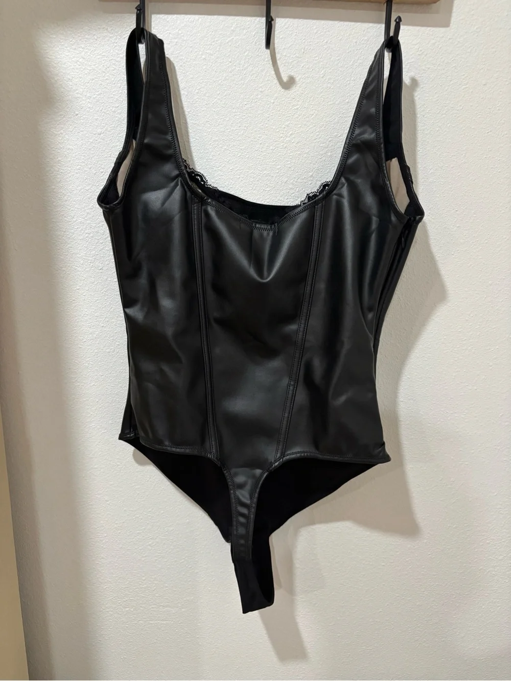 Lush Black Faux-Leather Kids One-Piece Bodysuit with Lace Trim